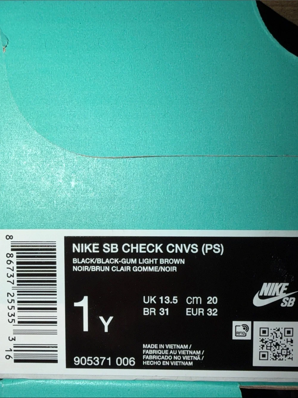 Nike SB Check Canvas PS Black Light Brown 905371-006 Size 1Y